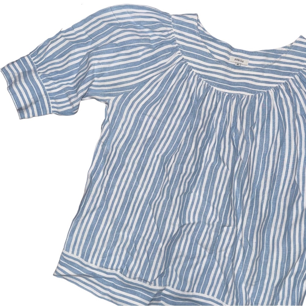 Zodiac Blue Striped Linen Blouse Minimalist‎ Cottagecore Lagenlook Coastal